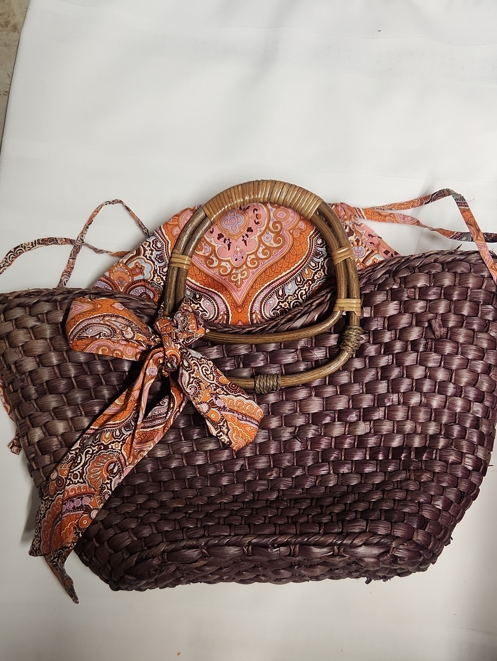 Woven Straw Tote Bag with Paisley Scarf - Brown